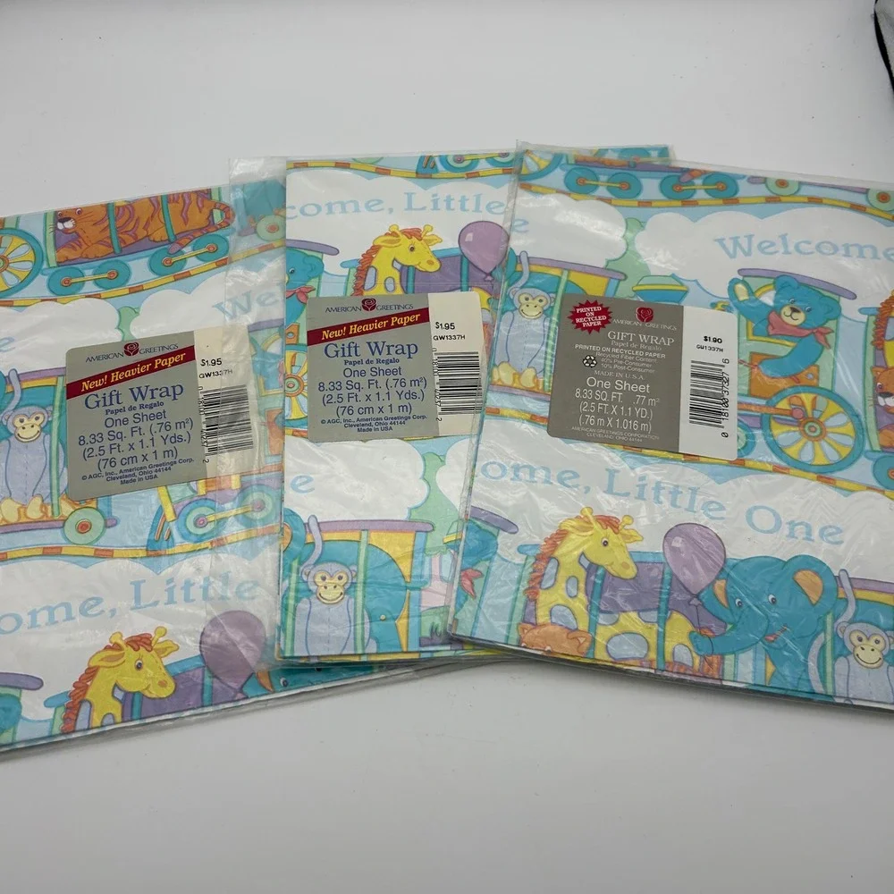 American Greetings Welcome Little One Baby Train Gift Wrap Paper One Sheet x3